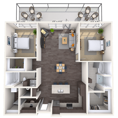 Floor plan for 2 beds, 2 baths, 1414 sqft